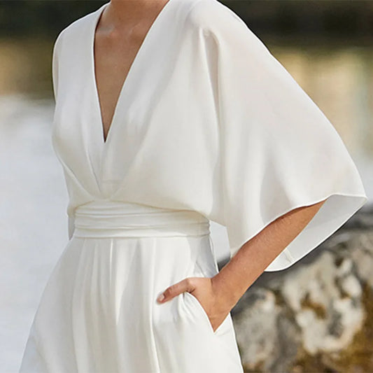 Short Sleeve Deep V-Neck Women's High Waist Wide Leg Jumpsuit