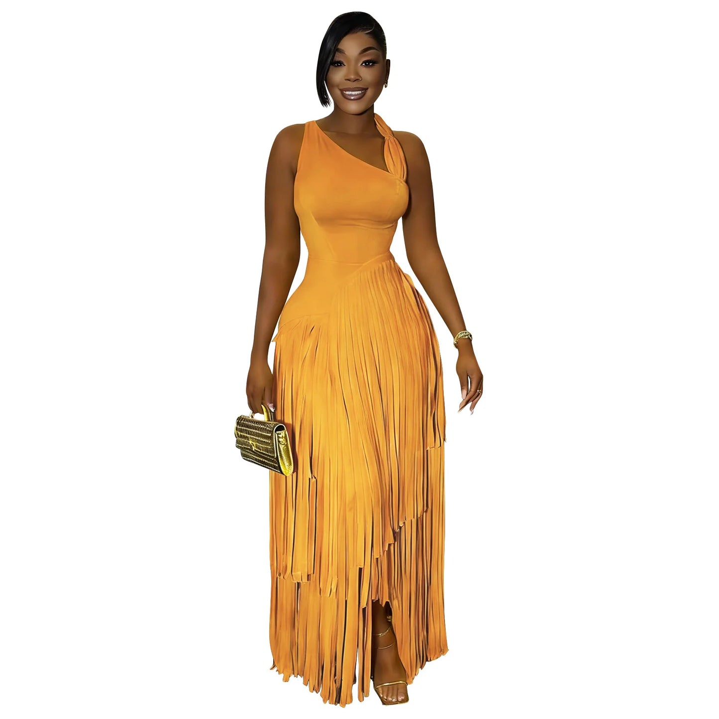 Sleeveless Asymmetrical Tassel Fringe Hem Design Skew Collar Maxi Party Dress