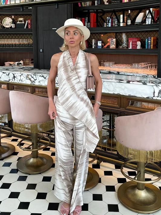 Tie-Dye Sleeveless Backless White/Brown Halter Top + Elastic Waist Women's Wide Leg Pants 2-Piece Set