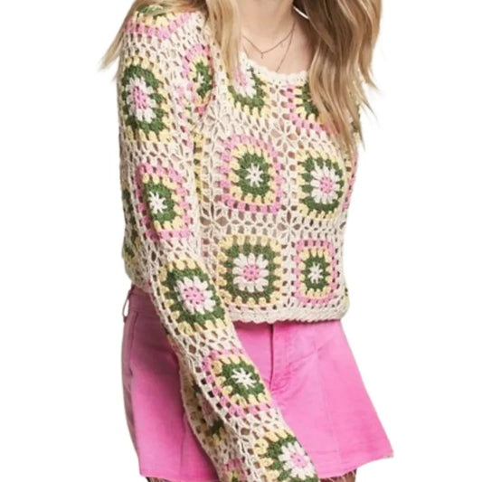 Crochet Square Floral Print Knitted Women’s Long Sleeve O-Neck Cropped Sweater