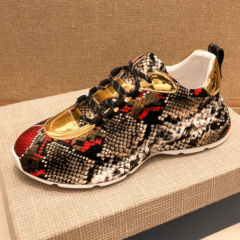 Metallic Gold/Red/Brown Real 100% Leather Snake Print Men's Sneakers
