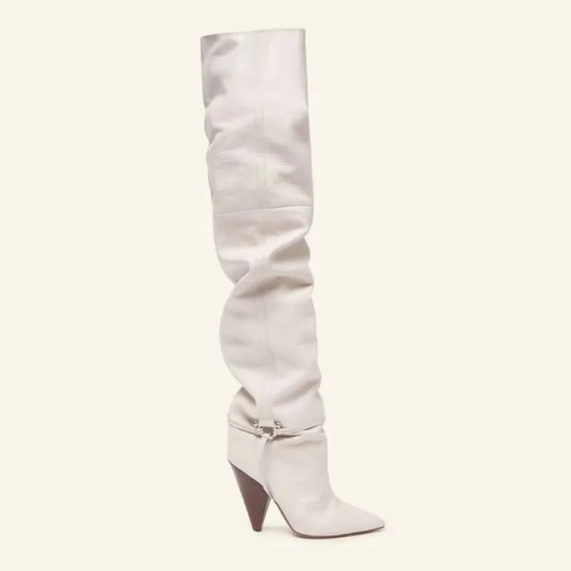 Pointed Toe Ruched Belt Buckle Strap Conical Heel High Heel Over-the-Knee Slouch Boots