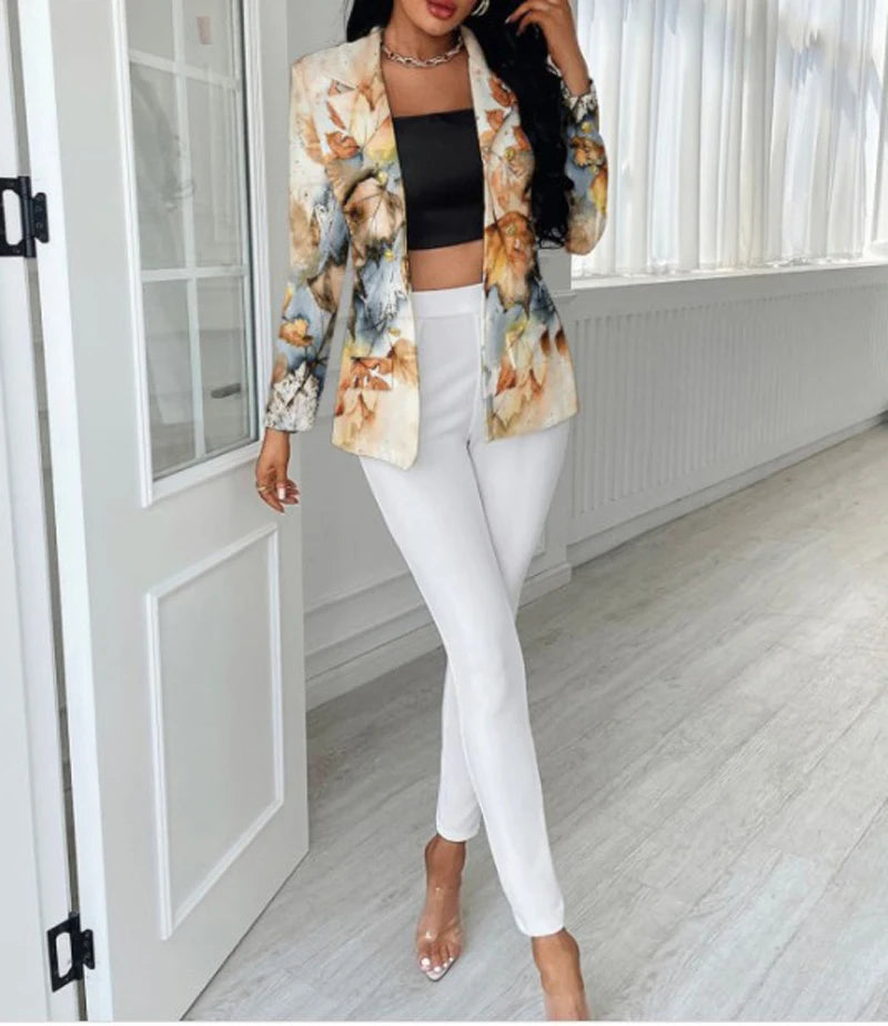 3D Colorblock Baroque/Houndstooth Floral Print Blazer Jacket + Skinny Pants Women's Office Suit