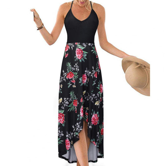 Floral Patchwork Halter Spaghetti Strap V-Neck Maxi Sundress to 5X Plus Size