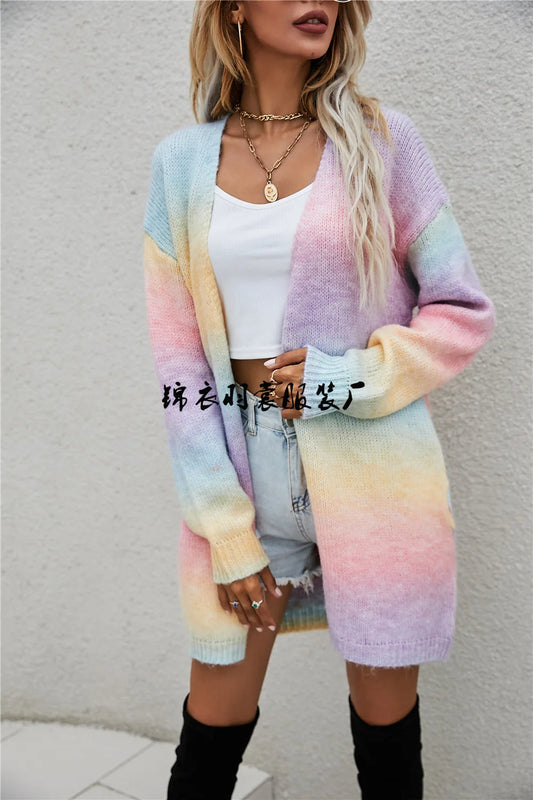 Ombre Rainbow Gradient Colorblock Striped Knitted Women's Long Sleeve Maxi Cardigan Sweater