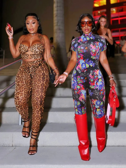 Backless Floral/Geometric/Leopard Print Women’s Fitness Short Sleeve Skinny Jumpsuit
