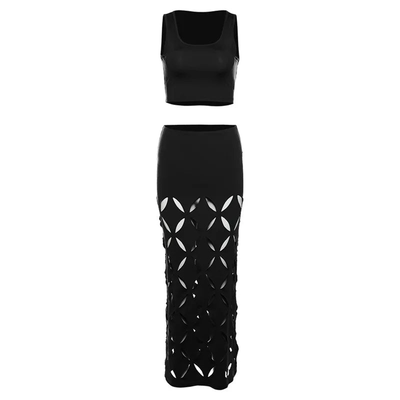 Sleeveless Solid Color Cropped Tank Top + Geometric Hollow-Out Floral Pattern Midi Skirt Women's 2-Piece Set