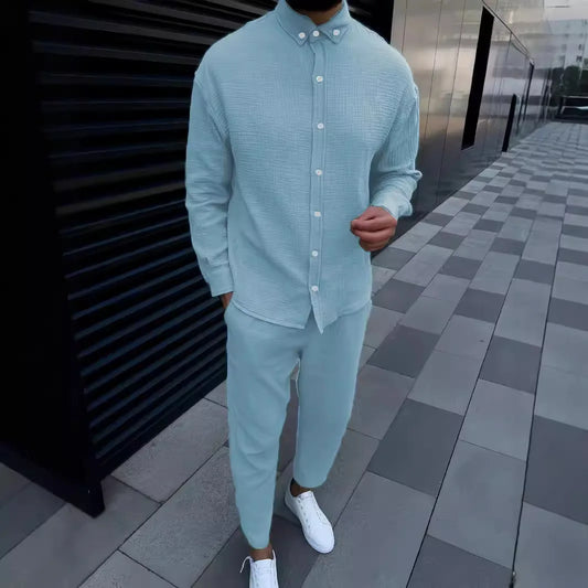 Men's Solid Color Long Sleeve Button Down Turn-Down Collar Shirt + Drawstring Pants 2-Piece Set