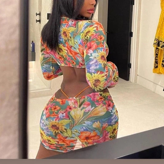 3 Pieces Set Mesh Flower Print Long Sleeve Bowknot Crop Top + Ruched Side Drawstring Ruched Mini Skirt w/Matching Thong Underwear