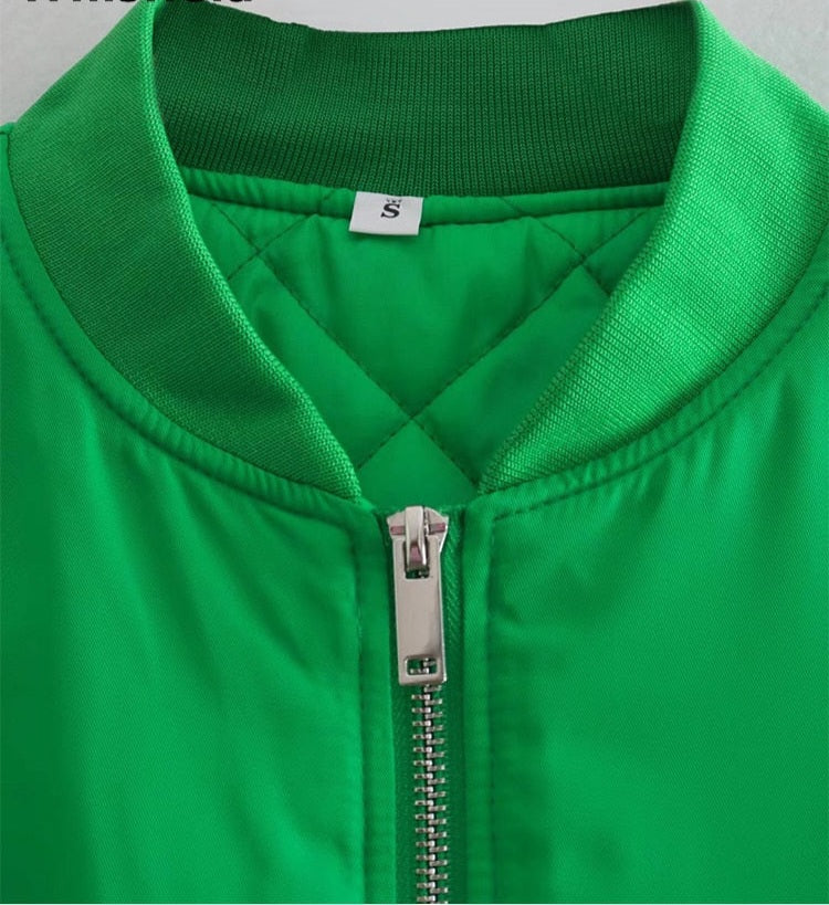 Vintage Solid Oversized Front Zipper O-Neck Long Ruched Sleeve Women's Bomber Jacket w/ Pockets