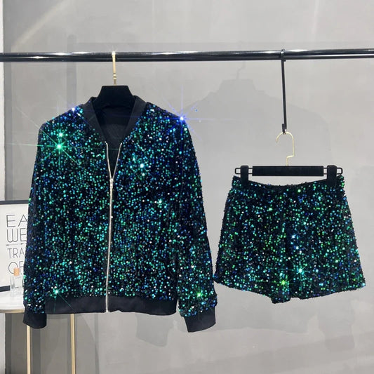 Sequin Glitter Sparkling Women's O-Neck Long Sleeve Bomber Jacket + Mini Shorts 2-Piece Set