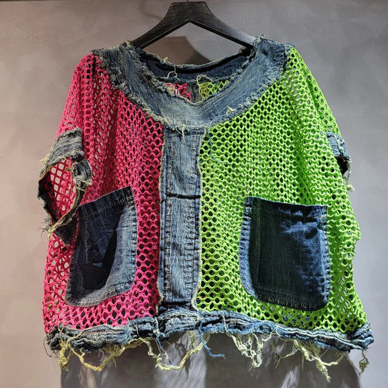 Mesh Net Tassel Fringe Hem Colorblock Denim Patchwork Contrast Crop Top + Women's Pocketed + Streetwear Elastic Waist Cargo Harem Pants 2-Piece Set
