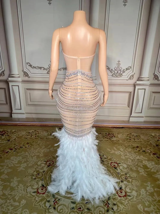 Sparkling Metallic Rhinestone Pearl Feather Detail Sleeveless Floor-length Party/Prom Formal Maxi Dress to 4X Plus Size