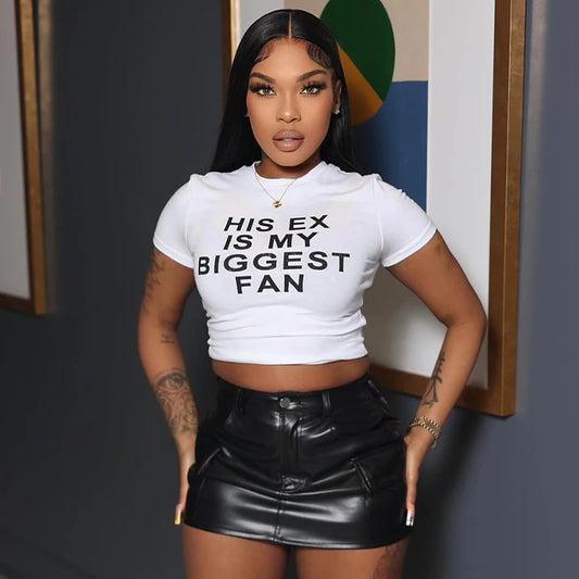 "His Ex Is My Biggest Fan" "World's Best Ex Girlfriend" Solid Color Letter Print Crop Streetwear Women's Short Sleeve T-Shirt