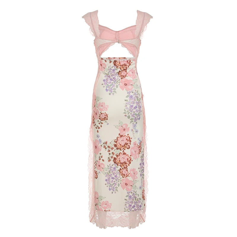 Pink Flower Print Lace Trim Hollow-Out Cami Spliced Halter Strap Skinny High Side Slit Maxi Dress