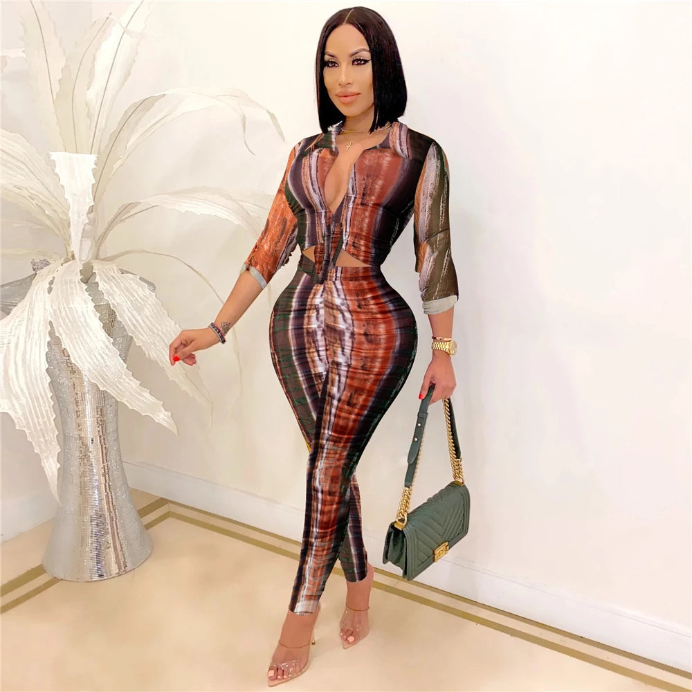 Colorblock Multi-Colored Geometric Tie-Dye Print Deep V-Neck Long Sleeve Shirt & Elastic Waist Leggings 2-Piece Set