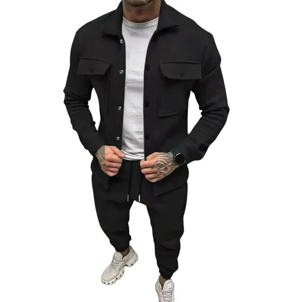Men's Turn-Down Collar Cargo Utility Pocket Button Front Jacket + Sweatpants Activewear 2-Piece Set