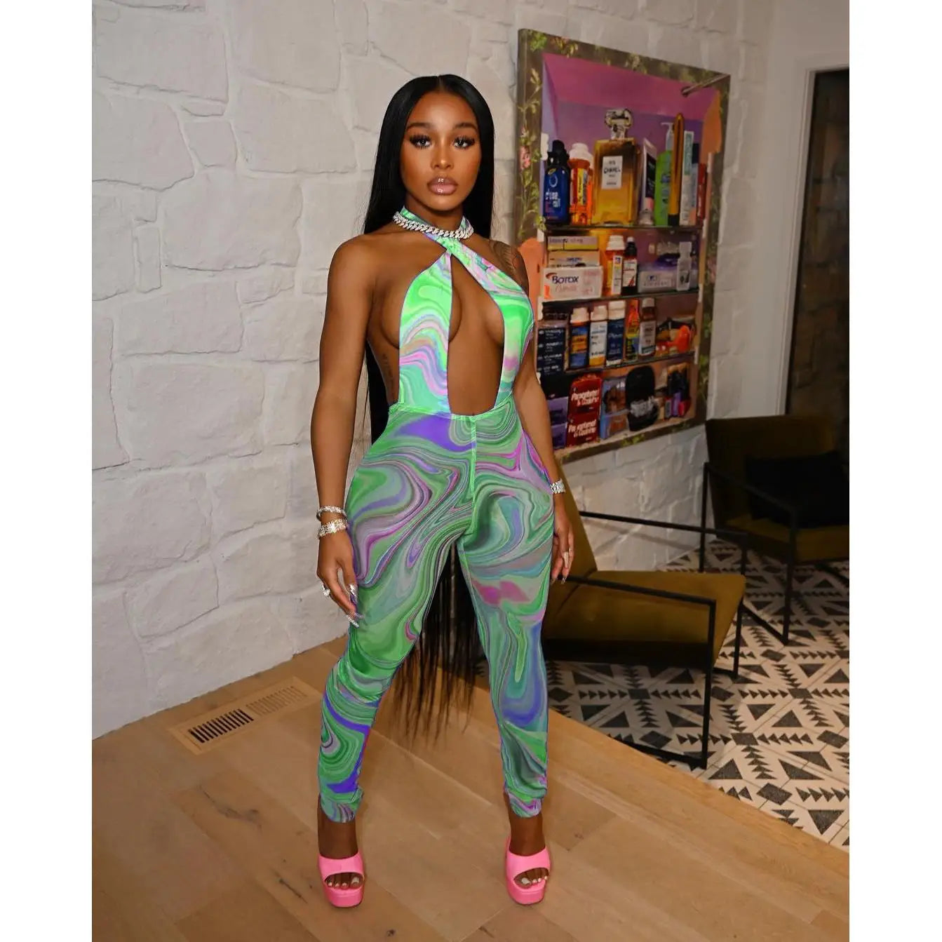 Swirl Print Mesh Sheer Transparent Sleeveless Women's Sexy Hollow-Out Backless Skin Tight Jumpsuit