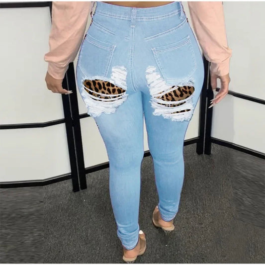 Denim Leopard Back Pocket Tassel Fringe Design Patchwork Ripped Streetwear Push-Up Distressed Skinny Jeans to 4X Plus Size