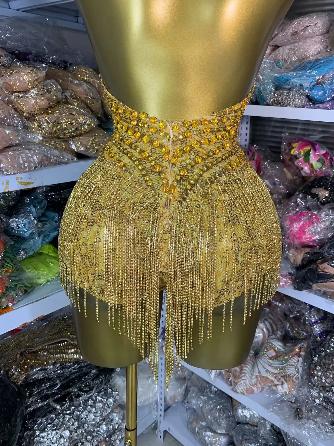 Sparkling Gold Rhinestone Sleeveless Tassel Fringe Design V-Neck Formal Women's Stage Performance Romper