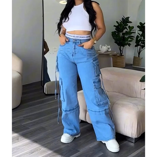 Denim Straight Wide Leg Women's High Waist Loose Hip-Hop Streetwear Waist Cargo Pocketed Jeans