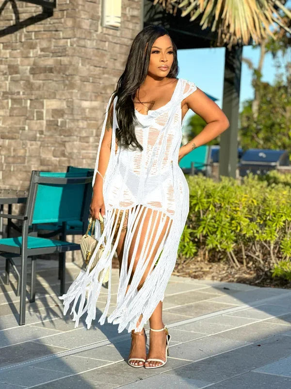 Crochet Knitted Ribbed Hollow-Out Tassel Fringe Hem Sleeveless Beach Maxi Swimsuit Cover-Up Dress