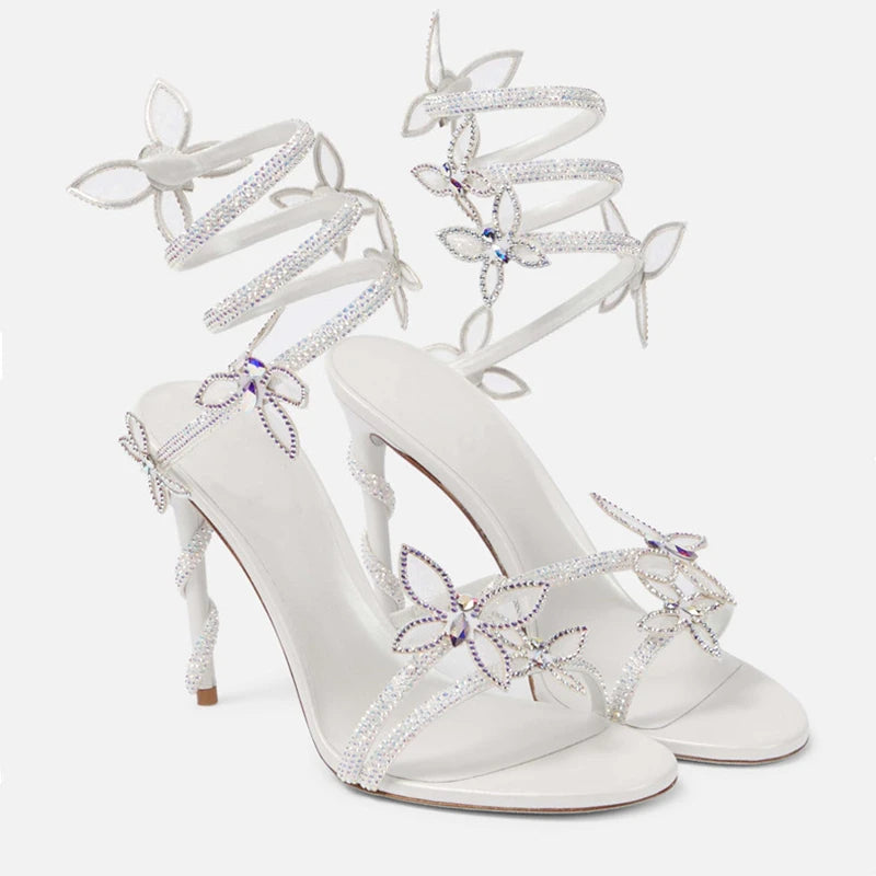 Crystal Butterfly Embellished Detail Spiral Coiled Band Strap High Heel Gladiator Sandal Pumps