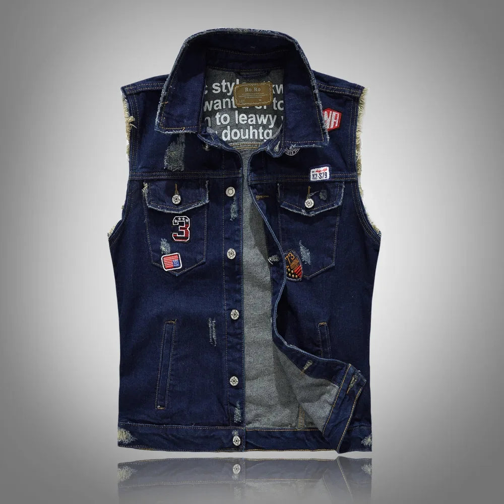 Men's Denim Ripped Skinny Punk Patchwork Sleeveless Button-Up Jean Vest