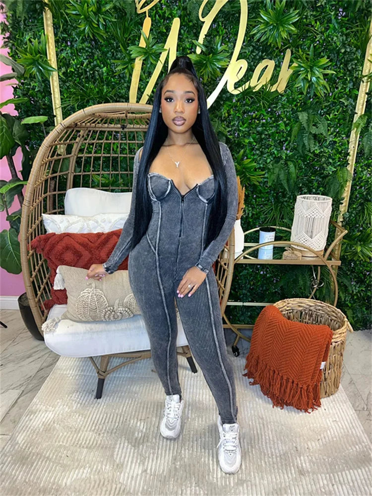 Zipper Front Knitted Long Sleeve Women's Camisole Bodycon Skinny Fitness Jumpsuit