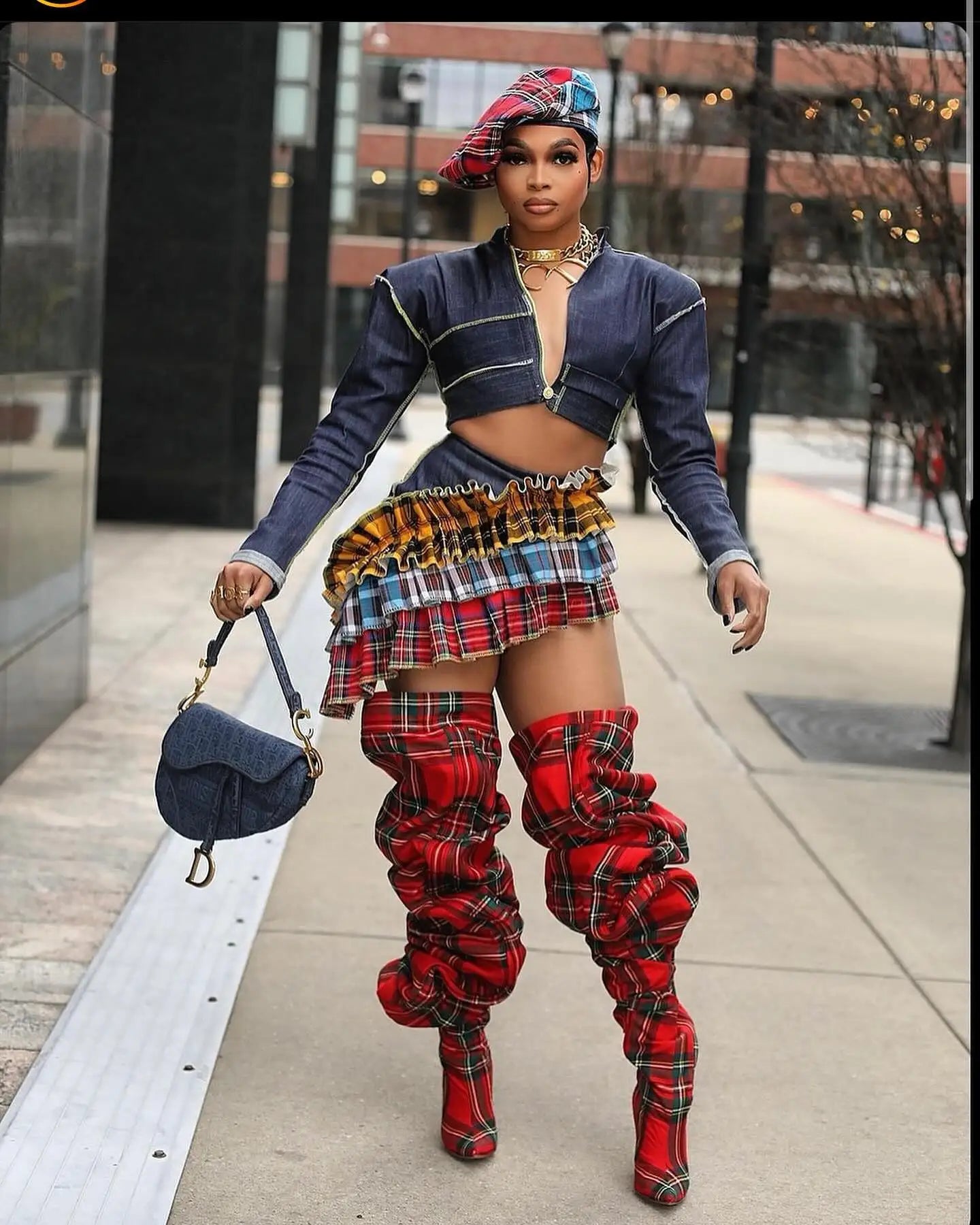 Plaid Checker Print Pleated Women's Ruched Over-the-Knee Runway High Heel Pointed Toe Boots