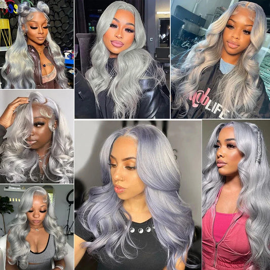 Silver Grey 100% Human Hair Lacefront Body Wave/Straight 13x4 HD Transparent 150%-180% Density Pre-Plucked Wigs