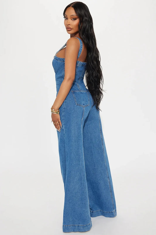 Wide Leg Denim Women's Spaghetti Strap Bell Bottom Overall Jean Jumpsuit