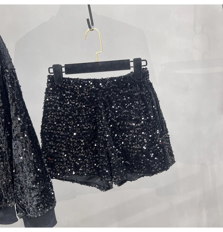 Sequin Glitter Sparkling Women's O-Neck Long Sleeve Bomber Jacket + Mini Shorts 2-Piece Set