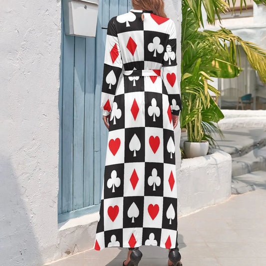 Turtleneck Heart Playing Card Print Long Sleeve Maxi Dress w/ Sash Belt