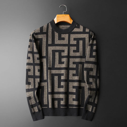 Men's Wool Geometric Colorblock Monogram Print Long Sleeve Computer Knitted O-Collar Sweater