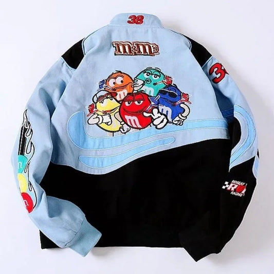 "M&M's" Embroidered Patchwork Unisex Design Biker Bomber Jacket