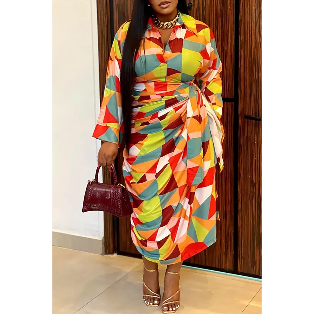 Geometric Rainbow Colorblock Long Sleeve V-Neck Ruched Midi Dress to 4X Plus Size