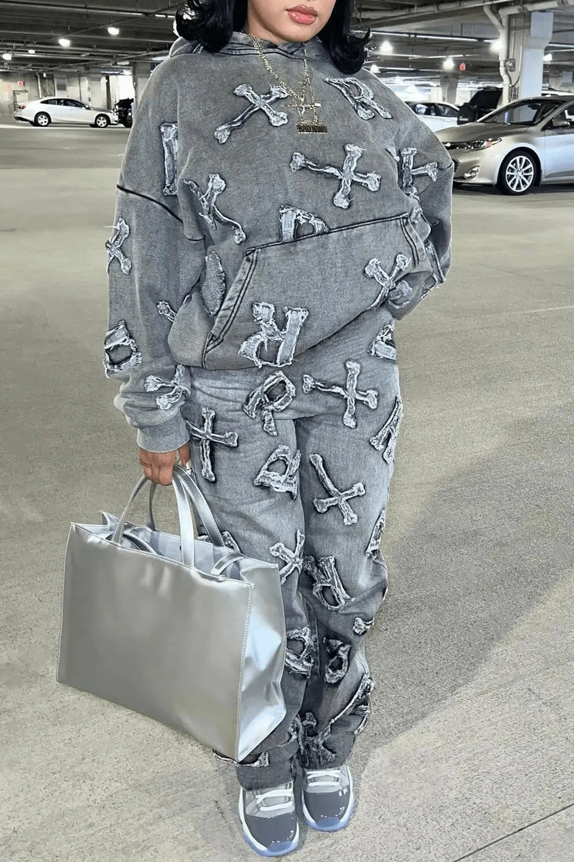 Faded Hip-Hop Cross Embroidered Design Women's Long Sleeve Hoodie Sweatshirt + Cargo Sweatpants Tracksuit