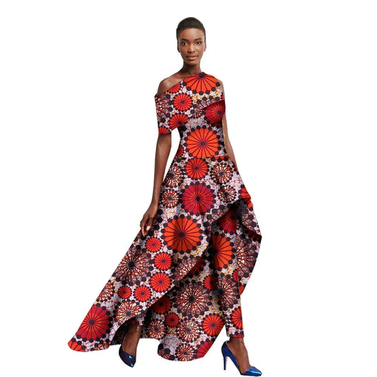 Asymmetrical Diagonal Hem Ankara African Print Short Sleeve O-Neck Maxi Dress + Pants 2-Piece Suit