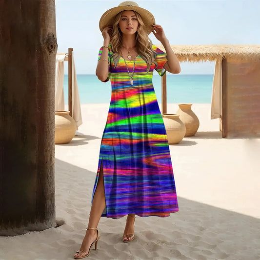 Striped Colorblock Rainbow Print V-Neck Short Sleeve High Slit Midi Sundress to 3X Plus Size