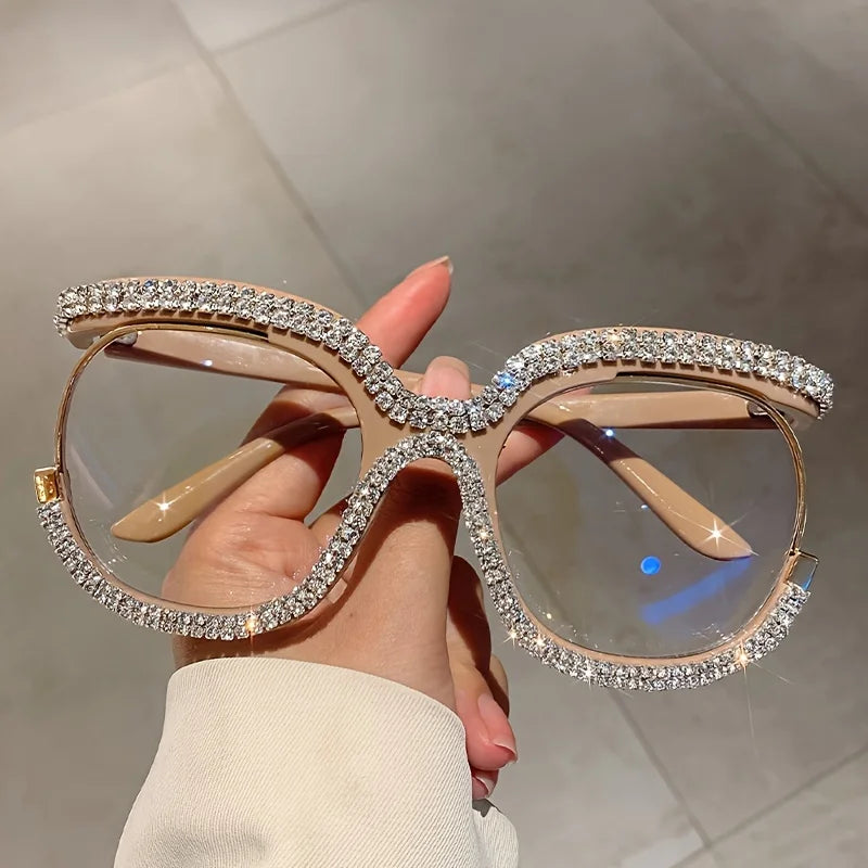 Rhinestone Crystal Decor Round Oversized Reading Eyeglasses