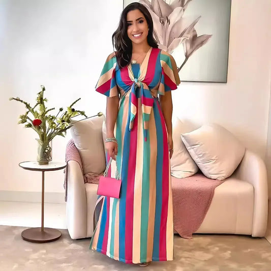 Rainbow Striped Hollow-Out Short Butterfly Sleeve Lace-Up Maxi Dress