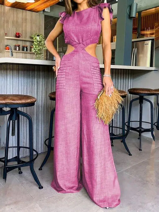 Sleeveless Ruffled Solid/Denim/Floral Hollow-Out Ring Design O-Neck Waist Wide Leg Jumpsuit