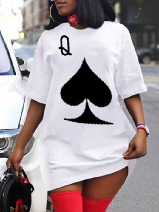 Queen of Spades Playing Card O-Neck Print T-Shirt Mini Dress to 5X Plus Size
