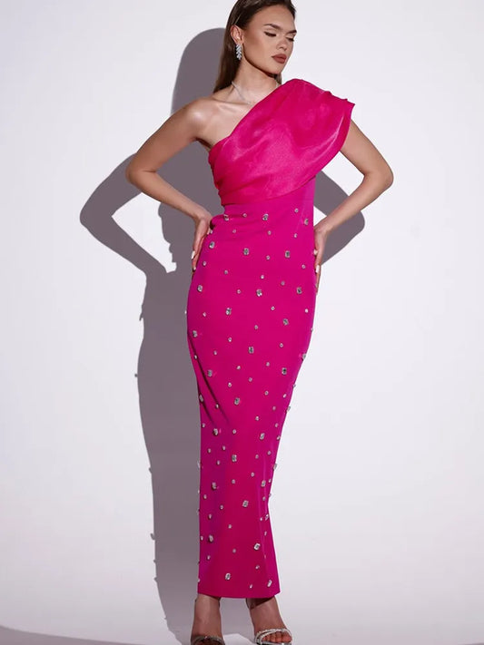 Asymmetrical One Shoulder Diamond Rhinestone Solid Pink/Black Bodycon Bandage Maxi Party Dress
