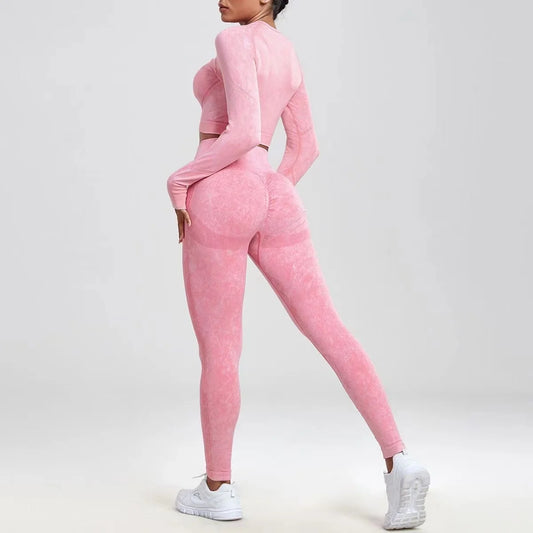 Seamless Fitness Yoga Workout Long Sleeve Crop Top + Push Up Gym Leggings Athleseuire 2-Piece Set