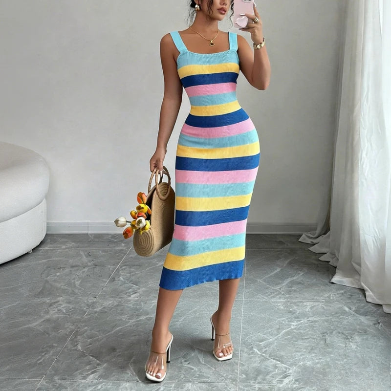 Rainbow Striped Ribbed Sleeveless Knitted Bodycon Maxi Dress