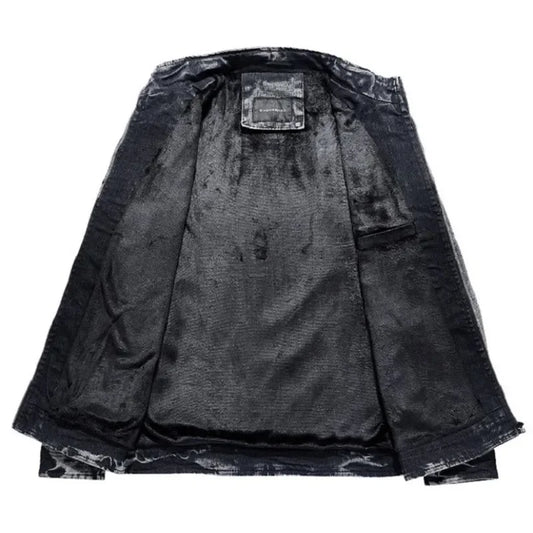 Men's Velvet Lined Mandarin Collar Washed Jean Jacket