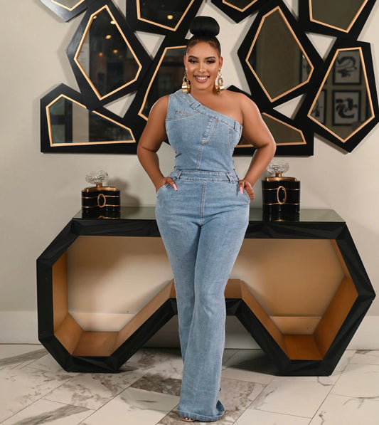 Denim Baby Blue Irregular Asymmetrical One Shoulder High Street Stretch Women's Jean Jumpsuit