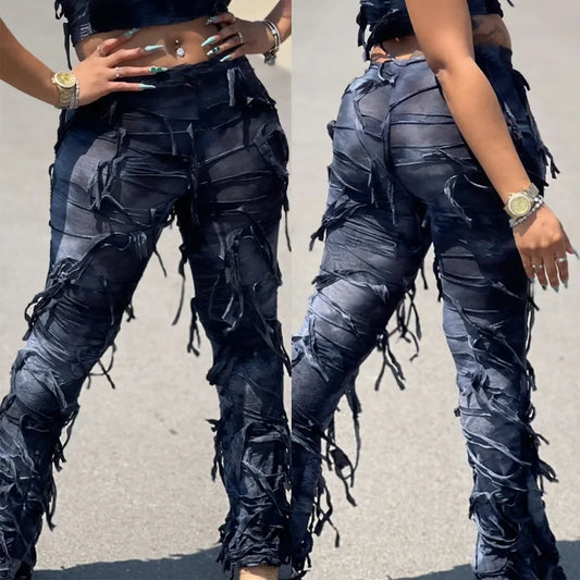 Ripped Tie-Dye Colorblock Tassel Fringe Detail Women's Streetwear Elastic Waist Pants